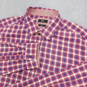 Hugo Boss Dress Shirt Men's Size XL‎ Red White Blue Check Cotton Regular Fit